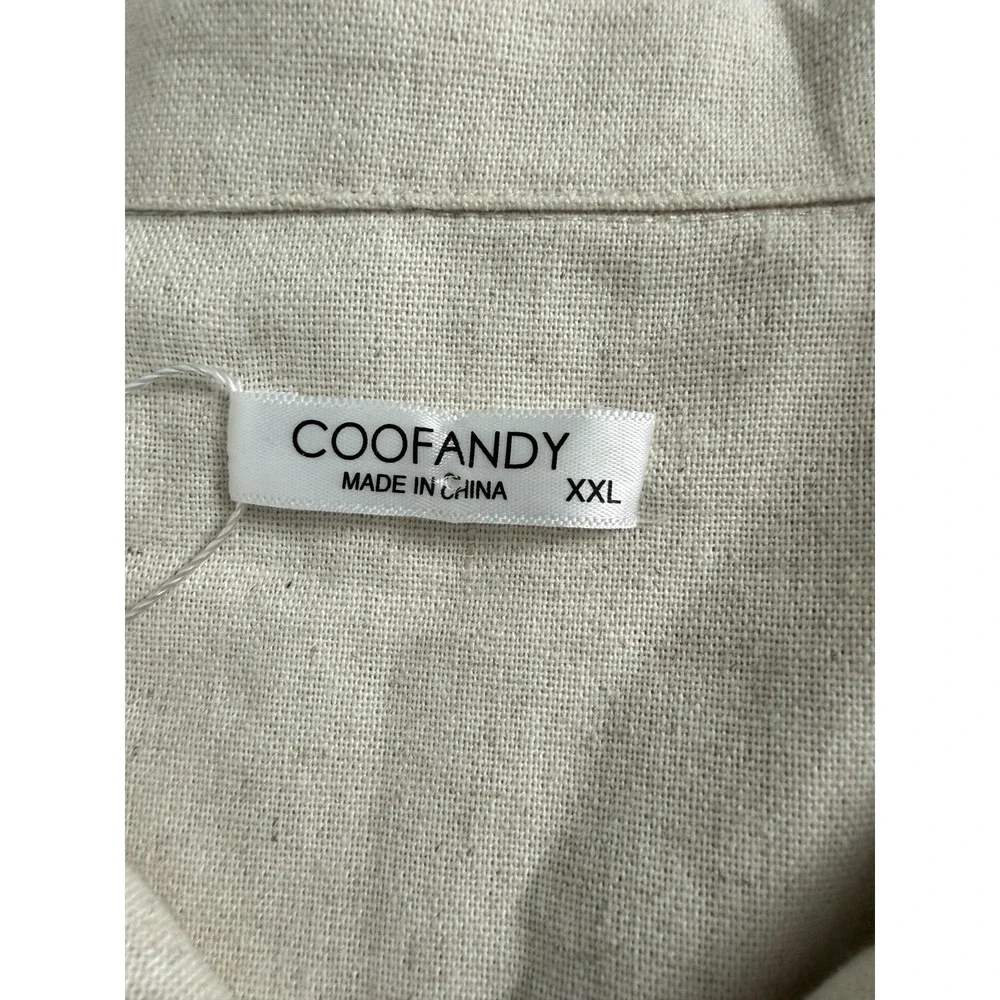 NEW COOFANDY Men's XXL Guayabera Shirt‎ Tan Linen Blend Short Sleeve Cuban Beach